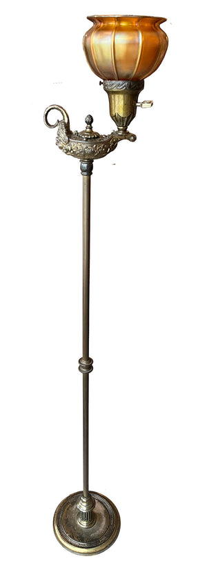 Antique Circa 1905-10 Cast Aladdin's Lamp Satyr Floor Lamp with Signed Quezal Shade
