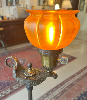 Antique Circa 1905-10 Cast Aladdin's Lamp Satyr Floor Lamp with Signed Quezal Shade