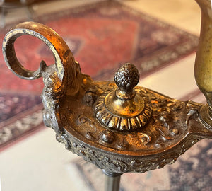 Antique Circa 1905-10 Cast Aladdin's Lamp Satyr Floor Lamp with Signed Quezal Shade