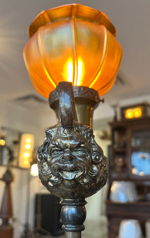Antique Circa 1905-10 Cast Aladdin's Lamp Satyr Floor Lamp with Signed Quezal Shade