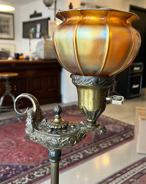 Antique Circa 1905-10 Cast Aladdin's Lamp Satyr Floor Lamp with Signed Quezal Shade