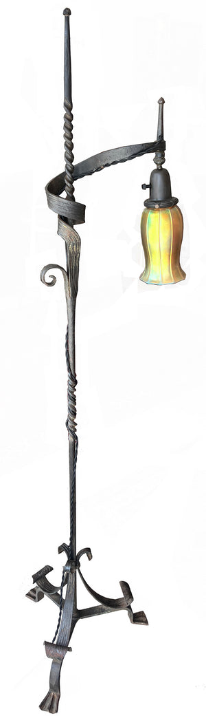 Very Unique Antique Circa 1910 Wrought Iron Three Footed Bridge Arm Lamp with Antique Signed Steuben Gold Aurene Art Glass Shade