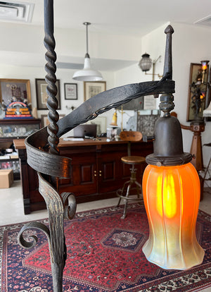 Very Unique Antique Circa 1910 Wrought Iron Three Footed Bridge Arm Lamp with Antique Signed Steuben Gold Aurene Art Glass Shade