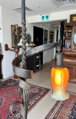 Very Unique Antique Circa 1910 Wrought Iron Three Footed Bridge Arm Lamp with Antique Signed Steuben Gold Aurene Art Glass Shade