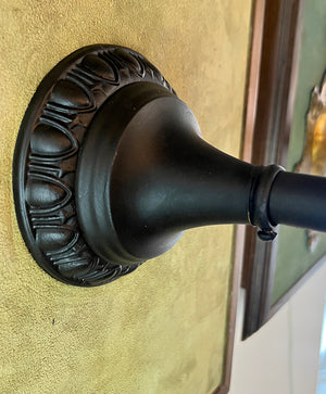 $750 PAIR - Circa 1920s Exterior Cast Iron Wall Sconces with Egg and Dart Motif Backplates