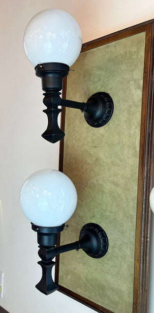 $750 PAIR - Circa 1920s Exterior Cast Iron Wall Sconces with Egg and Dart Motif Backplates