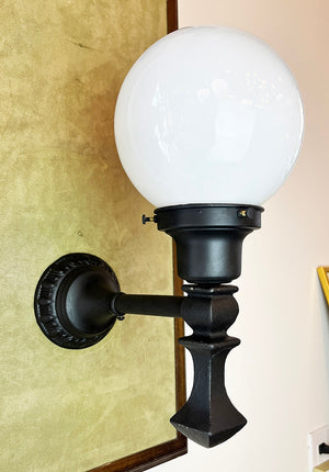 $750 PAIR - Circa 1920s Exterior Cast Iron Wall Sconces with Egg and Dart Motif Backplates