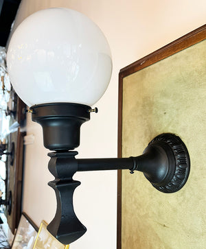 $750 PAIR - Circa 1920s Exterior Cast Iron Wall Sconces with Egg and Dart Motif Backplates