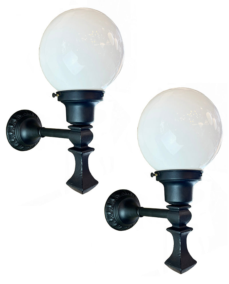 $750 PAIR - Circa 1920s Exterior Cast Iron Wall Sconces with Egg and Dart Motif Backplates