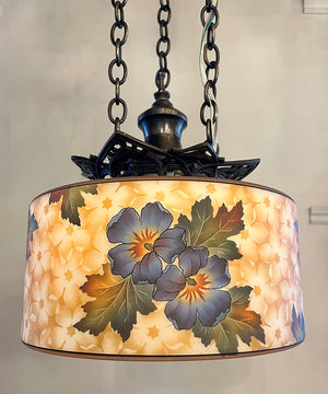 Antique Circa 1925-30 Art Deco Chain Suspended Pendant with Original Floral and Leaf Pattern Shade