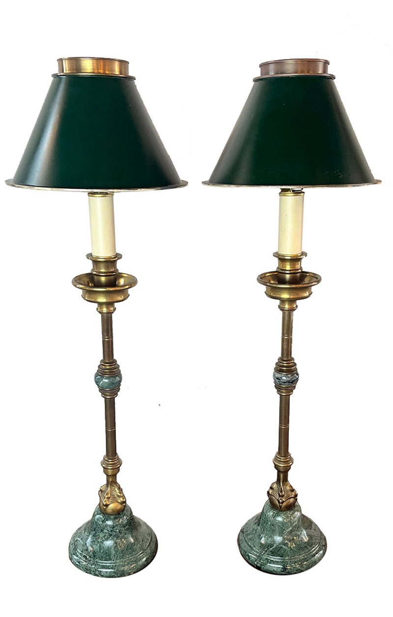 $1100 PAIR- Elegant Pair of Vintage Champan Neo Classical Claw Foot Table Lamps with Marble Bases