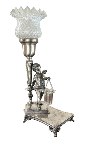 Antique Circa 1920 Silver Plated Figural Cherub Table Lamp with Original Opal Hobnail and Ruffle Shade