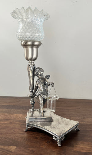 Antique Circa 1920 Silver Plated Figural Cherub Table Lamp with Original Opal Hobnail and Ruffle Shade