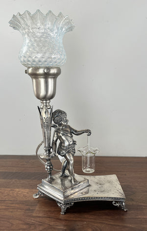 Antique Circa 1920 Silver Plated Figural Cherub Table Lamp with Original Opal Hobnail and Ruffle Shade