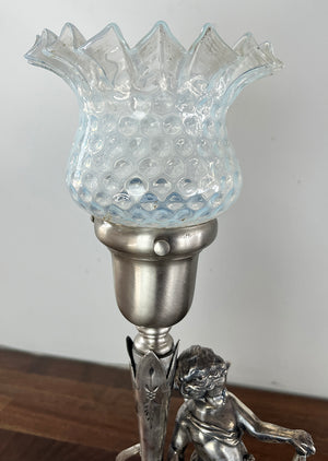 Antique Circa 1920 Silver Plated Figural Cherub Table Lamp with Original Opal Hobnail and Ruffle Shade