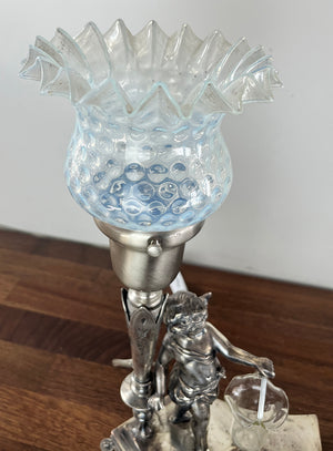 Antique Circa 1920 Silver Plated Figural Cherub Table Lamp with Original Opal Hobnail and Ruffle Shade