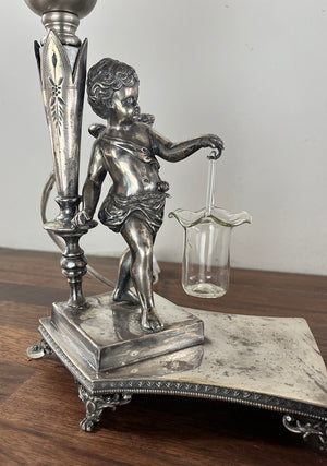 Antique Circa 1920 Silver Plated Figural Cherub Table Lamp with Original Opal Hobnail and Ruffle Shade
