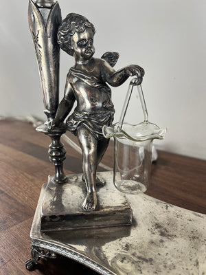 Antique Circa 1920 Silver Plated Figural Cherub Table Lamp with Original Opal Hobnail and Ruffle Shade