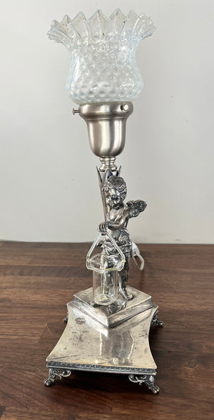 Antique Circa 1920 Silver Plated Figural Cherub Table Lamp with Original Opal Hobnail and Ruffle Shade