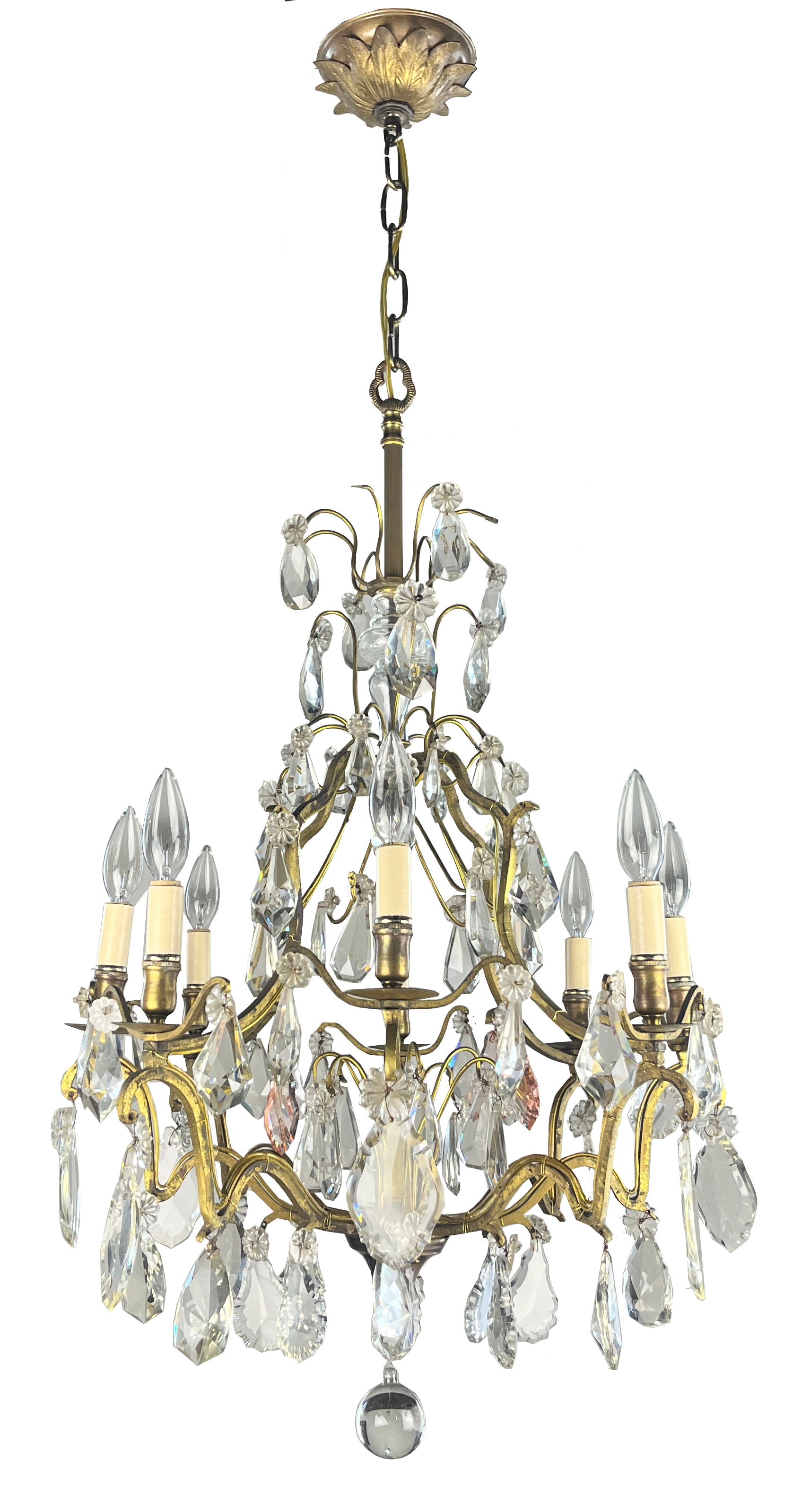 Antique Circa 1920 French Cast Brass and Crystal Eight Light Chandelier