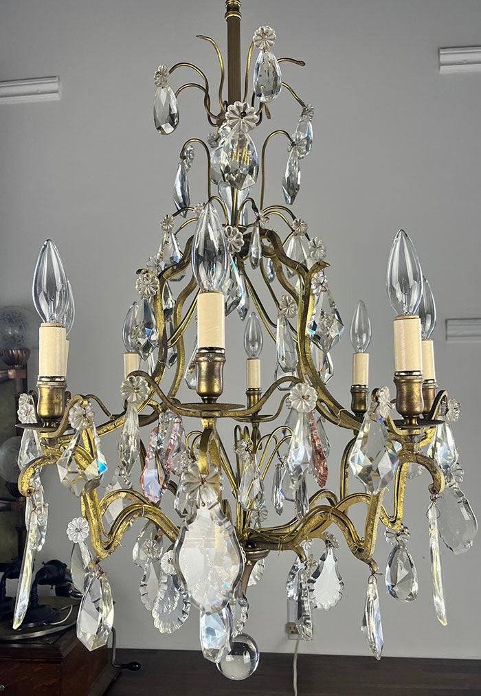 Antique Circa 1920 French Cast Brass and Crystal Eight Light Chandelie -  Turn of the Century Lighting
