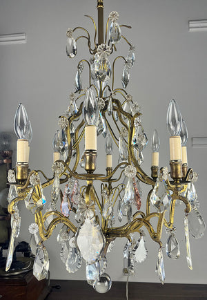 Antique Circa 1920 French Cast Brass and Crystal Eight Light Chandelier