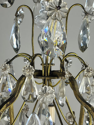 Antique Circa 1920 French Cast Brass and Crystal Eight Light Chandelier