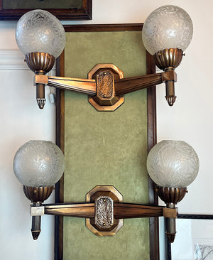 $1600 PAIR - Circa 1925 Cast Bronze Early Art Deco Commercial Grade Wall Sconces with Original Crackle Glass Shades