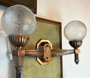 $1600 PAIR - Circa 1925 Cast Bronze Early Art Deco Commercial Grade Wall Sconces with Original Crackle Glass Shades