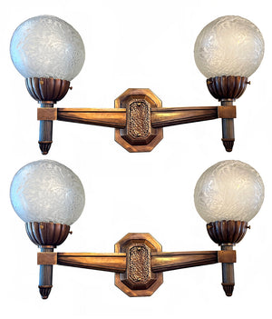 $1600 PAIR - Circa 1925 Cast Bronze Early Art Deco Commercial Grade Wall Sconces with Original Crackle Glass Shades