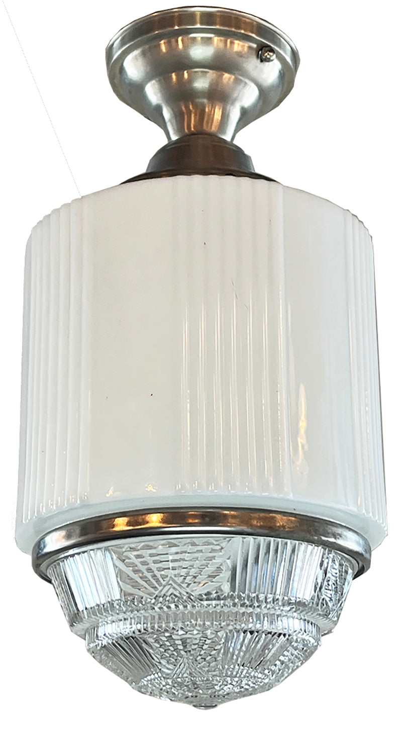 Antique Circa 1930 Art Deco Commercial Opal and Pressed Glass Skyscraper Flush Mount