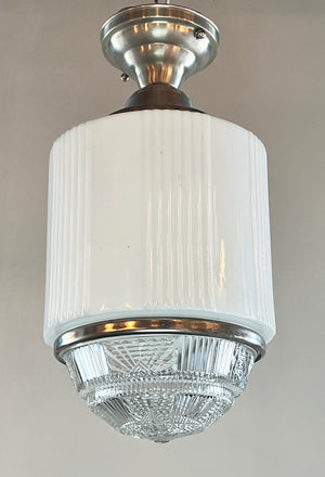Antique Circa 1930 Art Deco Commercial Opal and Pressed Glass Skyscraper Flush Mount