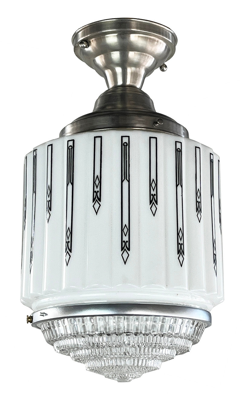 Antique Circa 1930 Art Deco Black and White Stencil Etched Flush Mount with Satin Nickel Holder