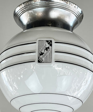 Antique Circa 1930 Streamlined Art Deco Flush Mount with Ringed Black and White Stencil Etched Shade