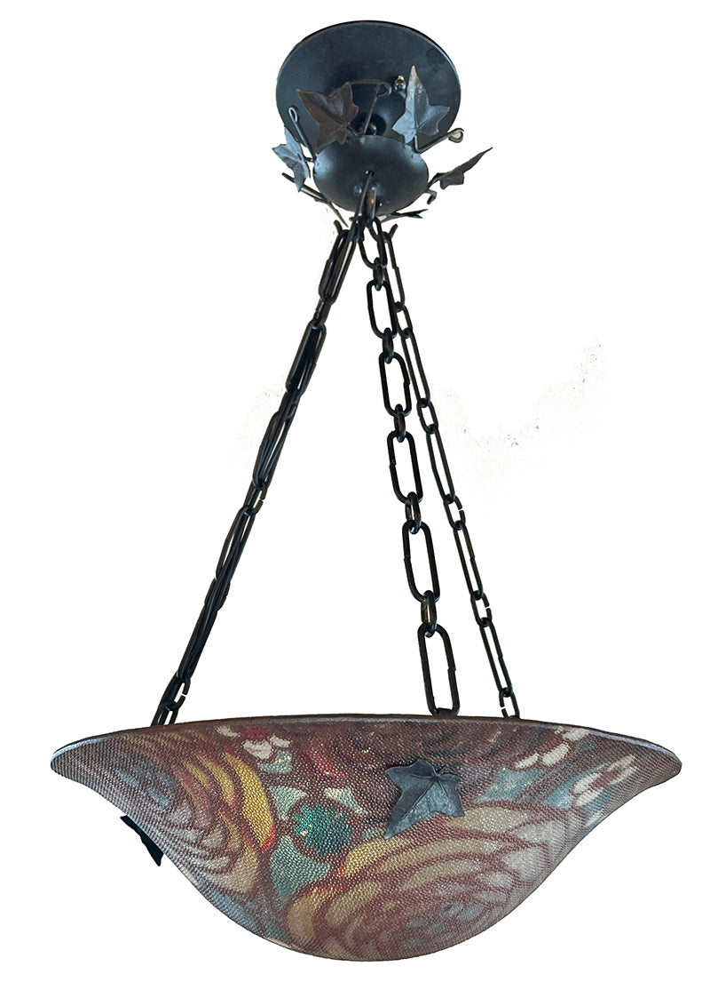 Antique 1930 Hand Painted French Art Deco Dome with Original Wrought Iron Holder