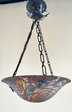 Antique 1930 Hand Painted French Art Deco Dome with Original Wrought Iron Holder