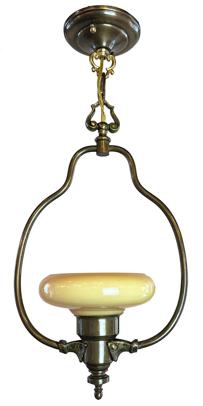 Antique Circa 1930 Art Deco Antique Brass Hoop with Original Custard Bowl Shade