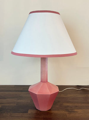 Antique Circa 1930 Czech Art Deco Hexagonal Pink Porcelain Table Lamp with Handmade Pink Border Shade