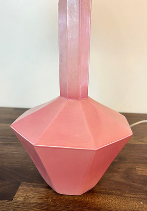 Antique Circa 1930 Czech Art Deco Hexagonal Pink Porcelain Table Lamp with Handmade Pink Border Shade