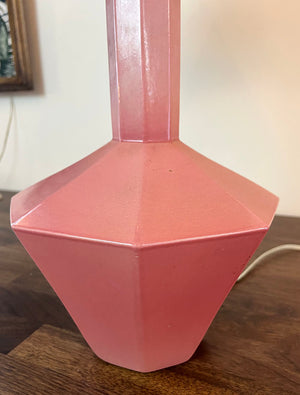 Antique Circa 1930 Czech Art Deco Hexagonal Pink Porcelain Table Lamp with Handmade Pink Border Shade