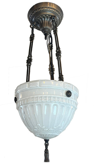 SET OF 6 AVAILABLE -$725 EACH- Antique Circa 1910 Edwardian Opal Glass Patterned Dome with Cast Brass Hardware