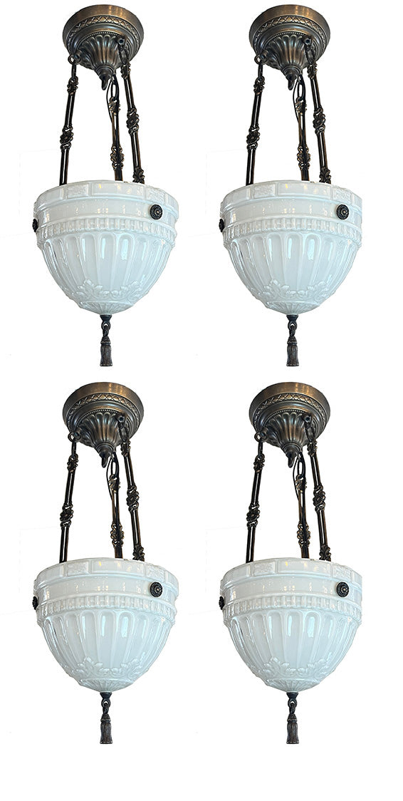 SET OF 4 AVAILABLE -$725 EACH- Antique Circa 1910 Edwardian Opal Glass Patterned Dome with Cast Brass Hardware