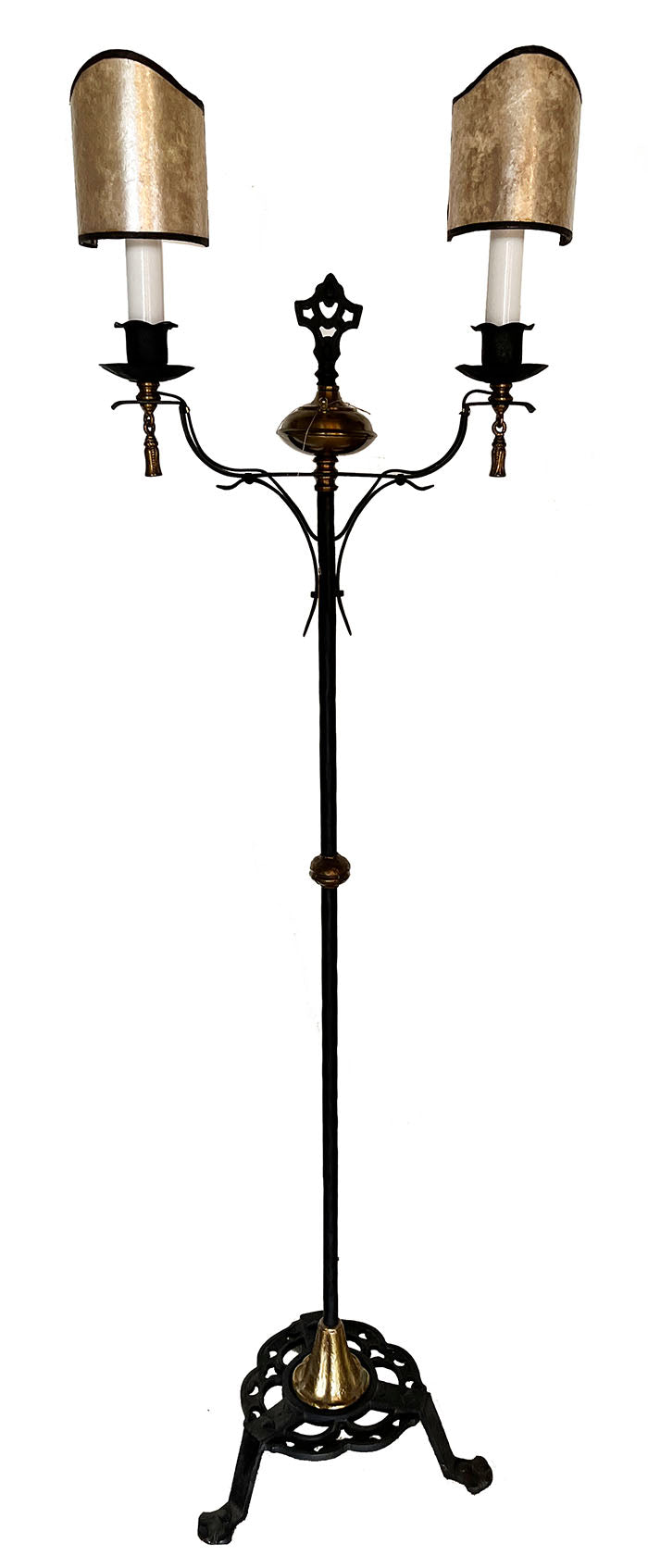 Antique Circa 1915 Tudor Revival Double Arm Wrought Iron and Brass Floor lamp with Mica Sheild Shades