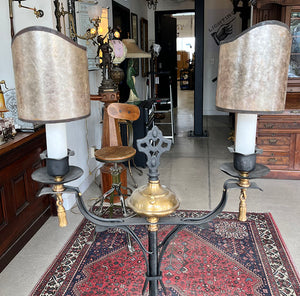 Antique Circa 1915 Tudor Revival Double Arm Wrought Iron and Brass Floor lamp with Mica Sheild Shades