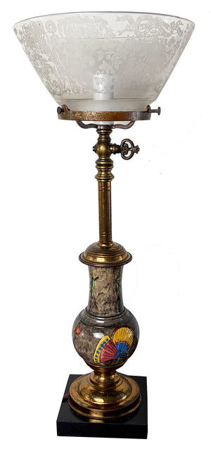 Antique 1880s Eastlake Converted Gas Portable Lamp Attributed to Thackera with Handpainted Porcelain Insert
