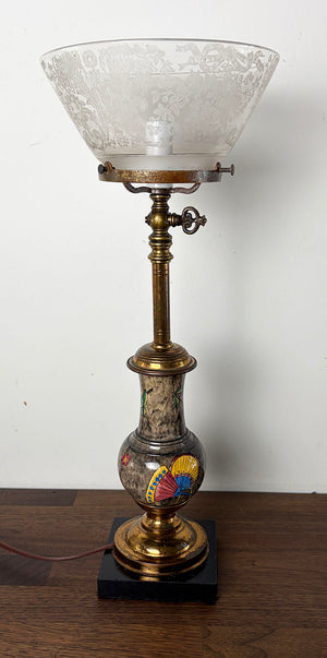Antique 1880s Eastlake Converted Gas Portable Lamp Attributed to Thackera with Handpainted Porcelain Insert