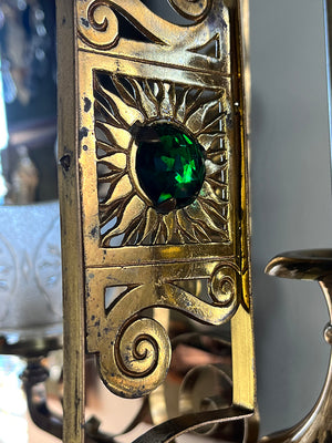 Stunning Antique 1880s Eastlake Multicoloured Jeweled Bronze Four Light Chandelier with Original Finish and Antique Scalloped Pressed Glass Shades