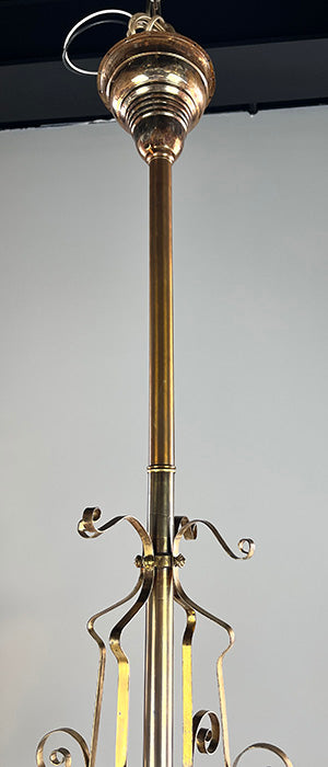 Stunning Antique 1880s Eastlake Multicoloured Jeweled Bronze Four Light Chandelier with Original Finish and Antique Scalloped Pressed Glass Shades