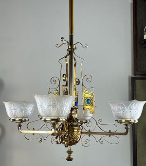 Stunning Antique 1880s Eastlake Multicoloured Jeweled Bronze Four Light Chandelier with Original Finish and Antique Scalloped Pressed Glass Shades