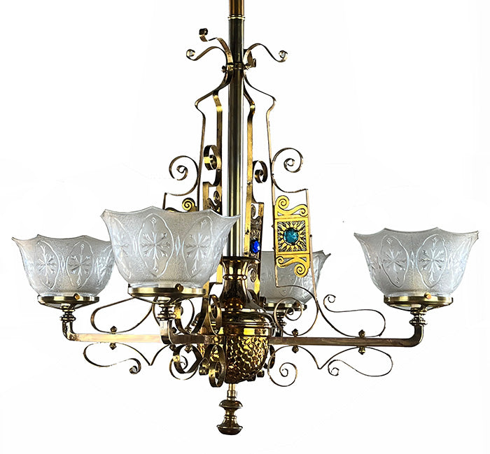 Stunning Antique 1880s Eastlake Multicoloured Jeweled Bronze Four Light Chandelier with Original Finish and Antique Scalloped Pressed Glass Shades